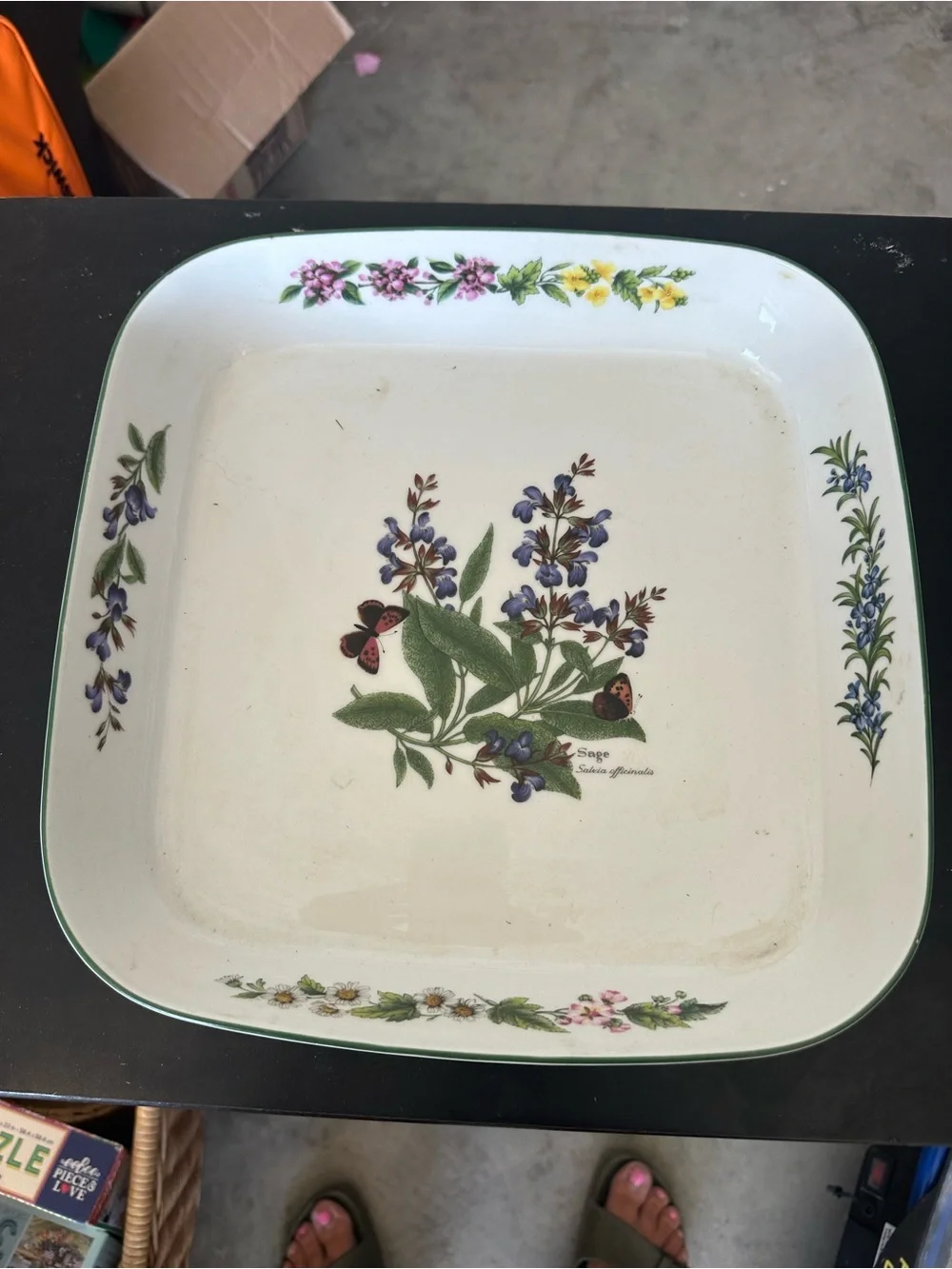 Botanical Sage Floral Square Serving Platter - White with Green Trim
